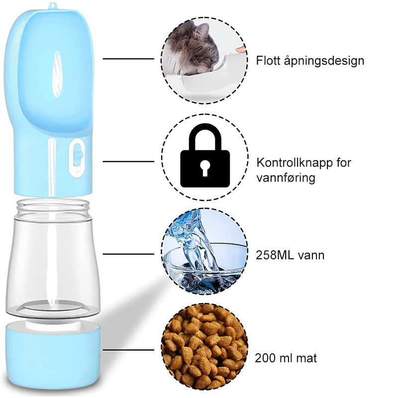 Bærbar flaske for kjæledyrvann og mat